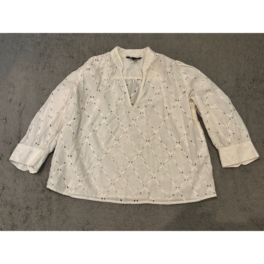 Banana Republic White Cotton Eyelet Split Neck Blouse Top XS